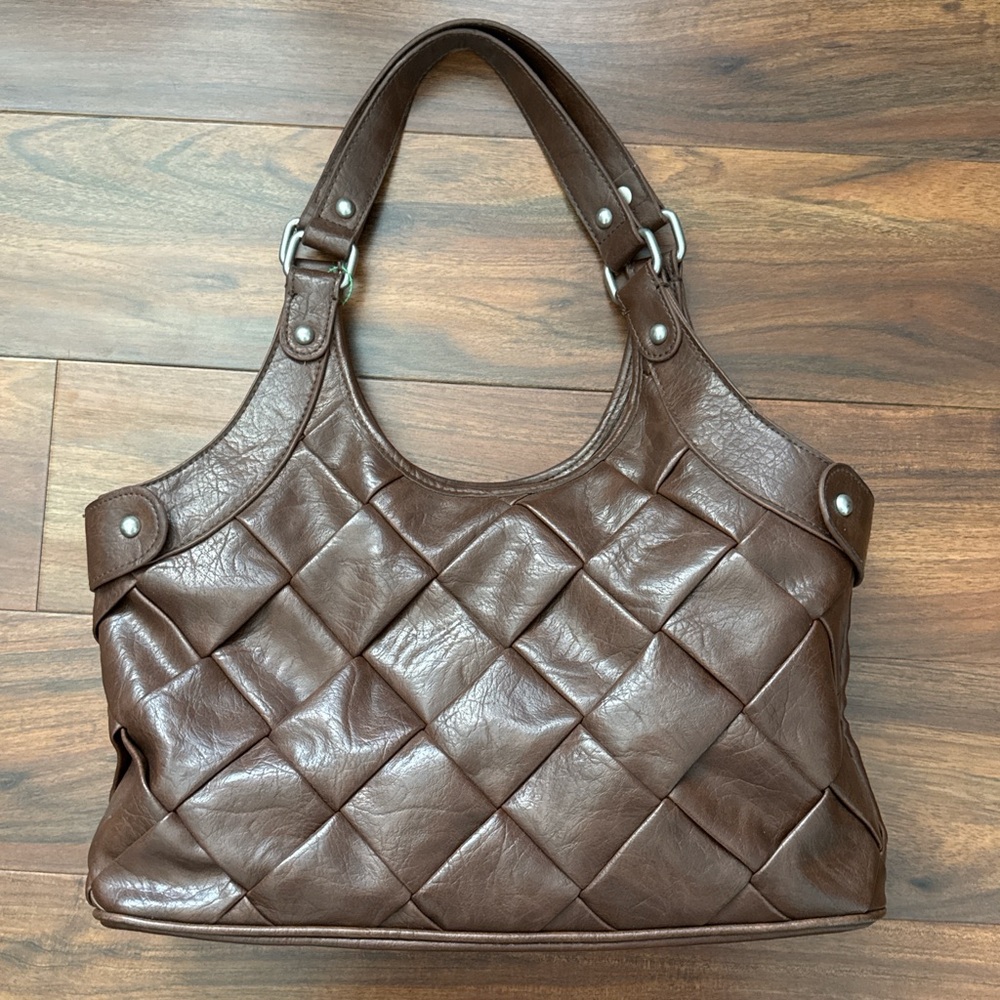 Brown Leather Weave Shoulder Bag
